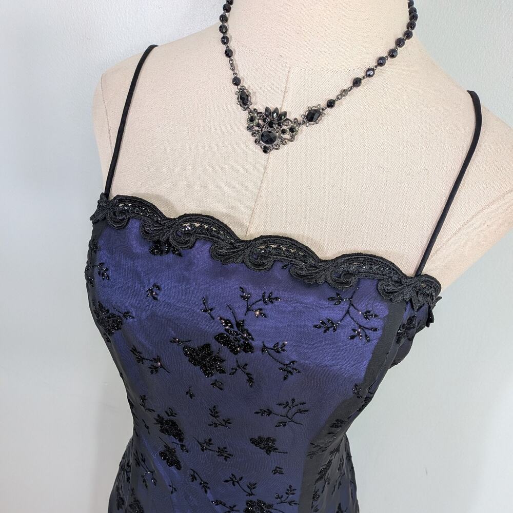 Vintage Betsy Adam Prom Dress Maxi Gown M Blue Black 90s Goth Velvet Floral - Picture 3 of 14